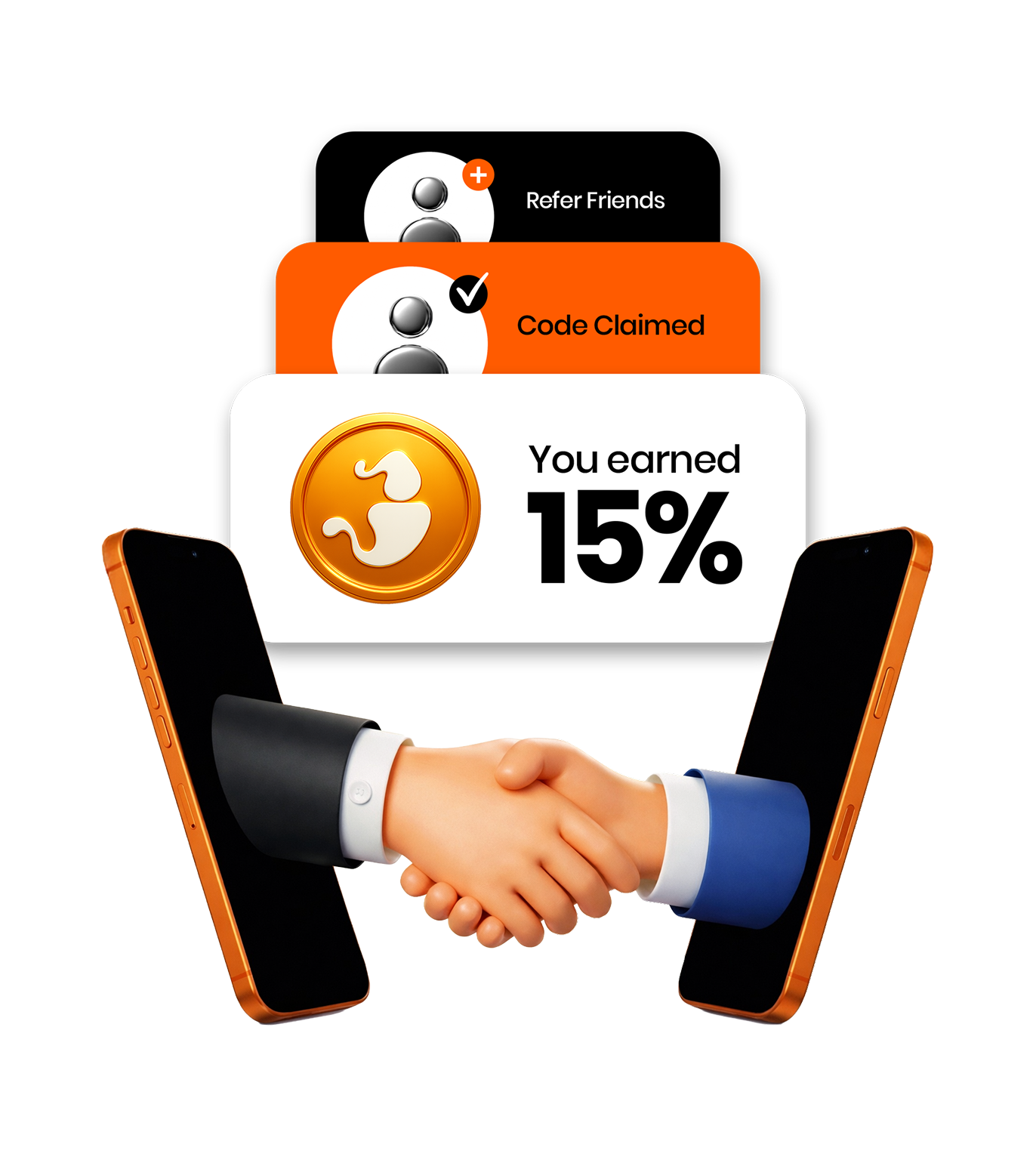 Referral steps: refer friends, code claimed, you earned 15%